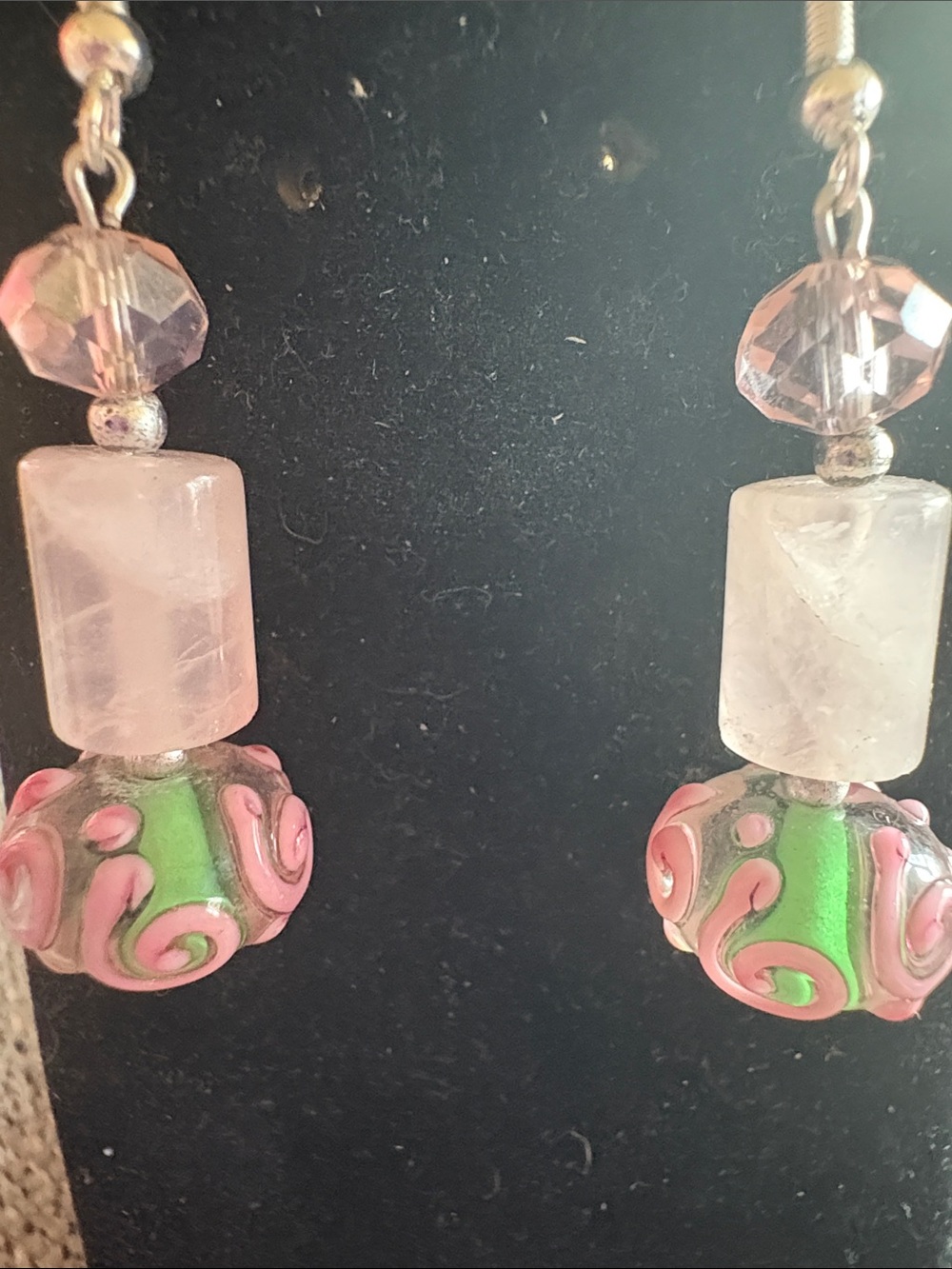 Handmade Green and Pink Glass Bead with Rose Quartz Drop Earrings